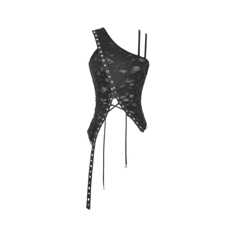 Dark in Love - Asymmetrical Ripped Cut-Out with Straps and Lace-Up Detail Mouwloze top - Zwart
